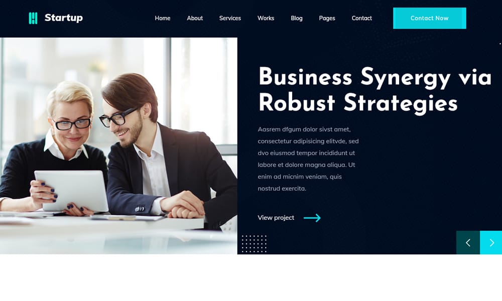 Screenshot of the StartupBusiness free HTML template, a simple design for service businesses.