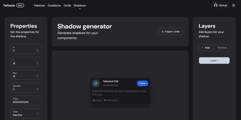 The Tailtools tailwind shades generator in dark mode, showing sliders for X, Y, Blur, and Spread properties.