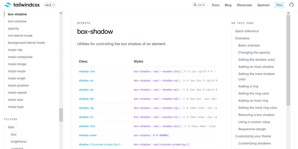 The homepage of the educational resource Tailwind CSS Box Shadows, showing examples of different shadow styles.
