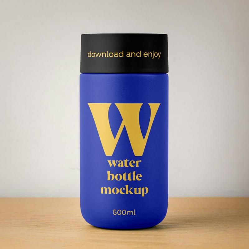 Thermos Bottle on Desk Mockup PSD