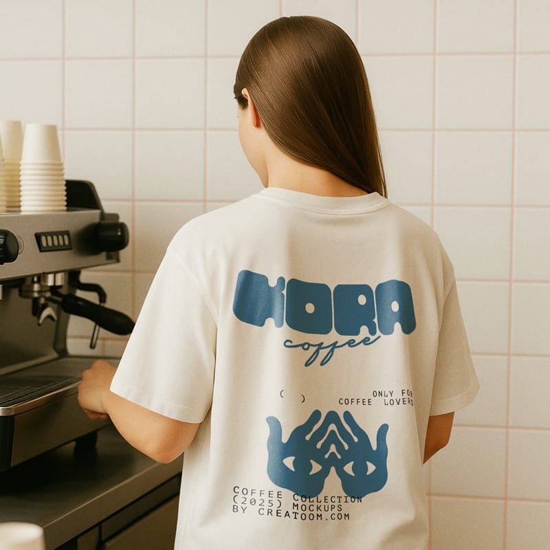 Tshirt Mockup On Barista In Coffee Shop Front View PSD