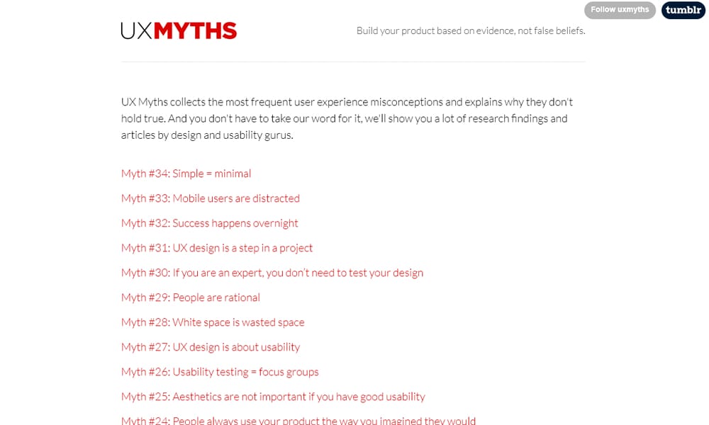 UX Myths homepage screenshot with common UX misconception explanations