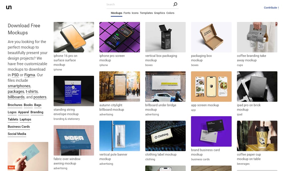The Unblast free mockup website homepage showing its wide variety of categories.