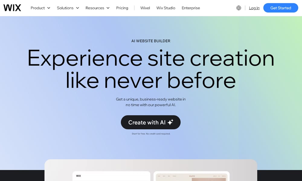 Wix AI Website Builder screenshot showing AI-powered content and design editor interface
