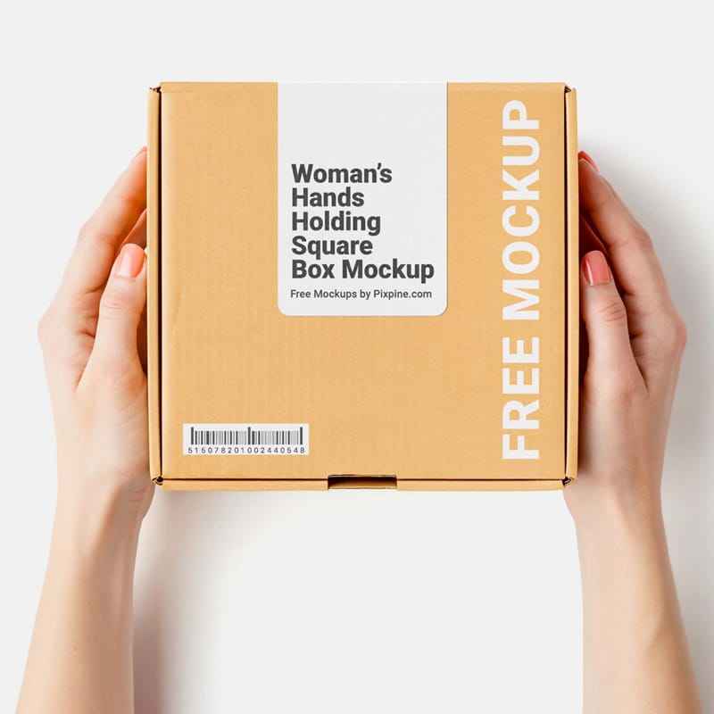 Woman’s Hand Holding Square Box Mockup PSD