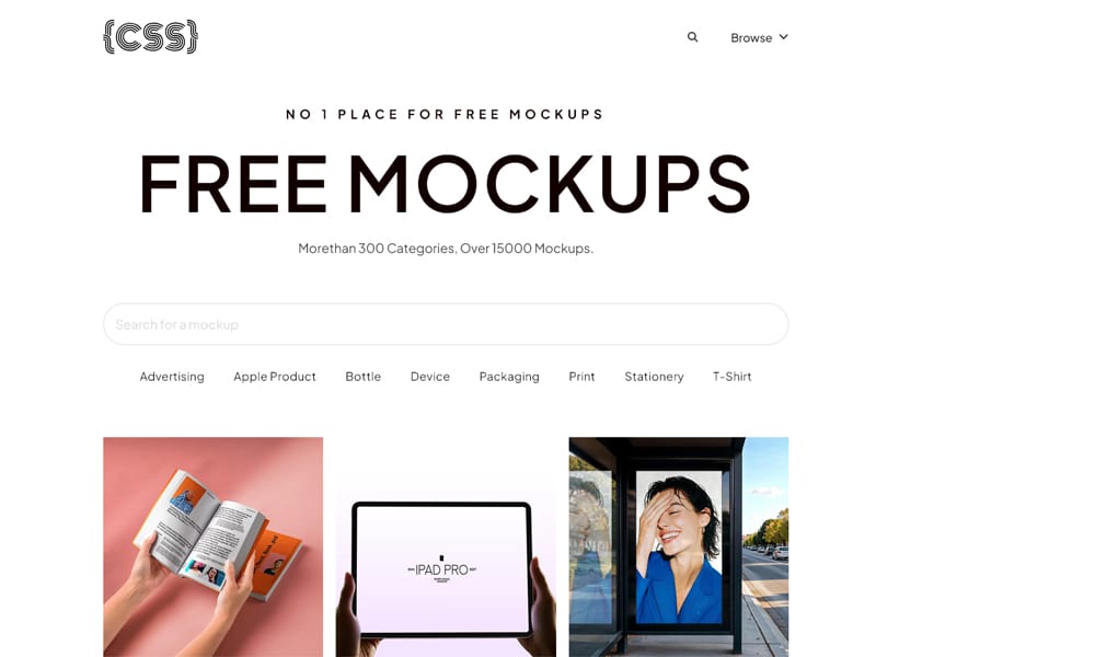 The CSS Author free mockups section, showcasing a variety of high-quality downloads.