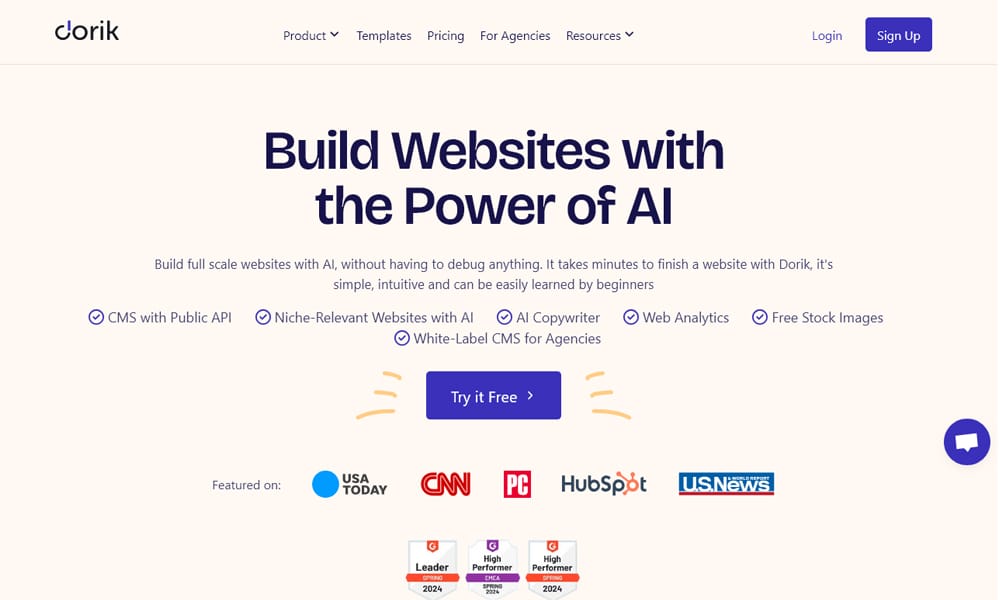 Dorik minimalist AI website builder preview showing clean interface and AI text suggestions