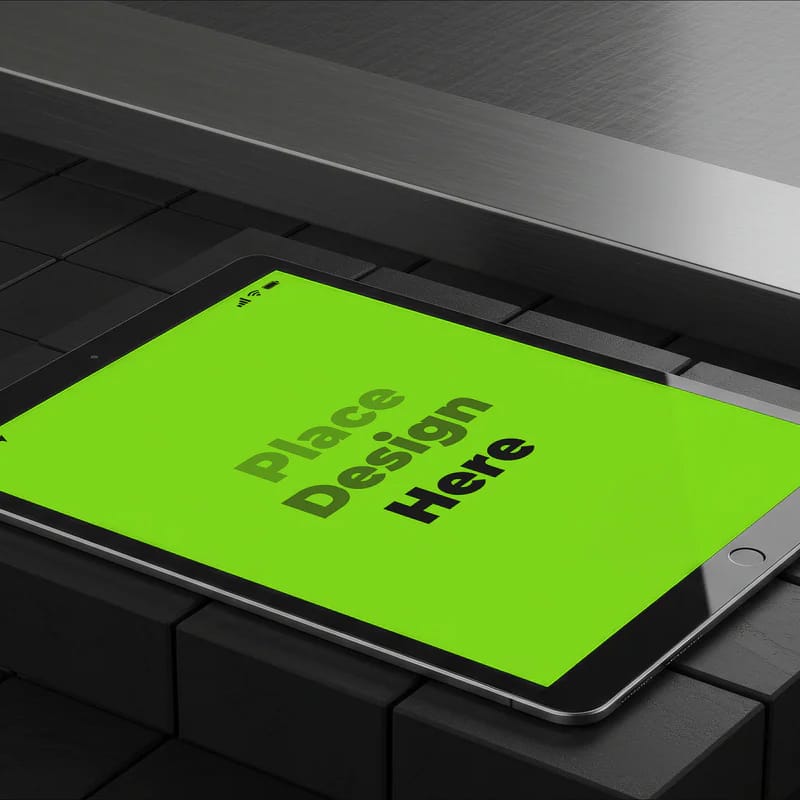 iPad Lying Flat on Dark Box Mockup PSD