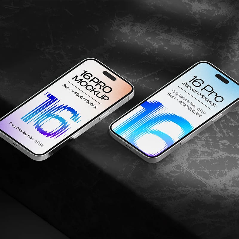 iPhone 16 Pro on Dark Background Mockup Set PSD