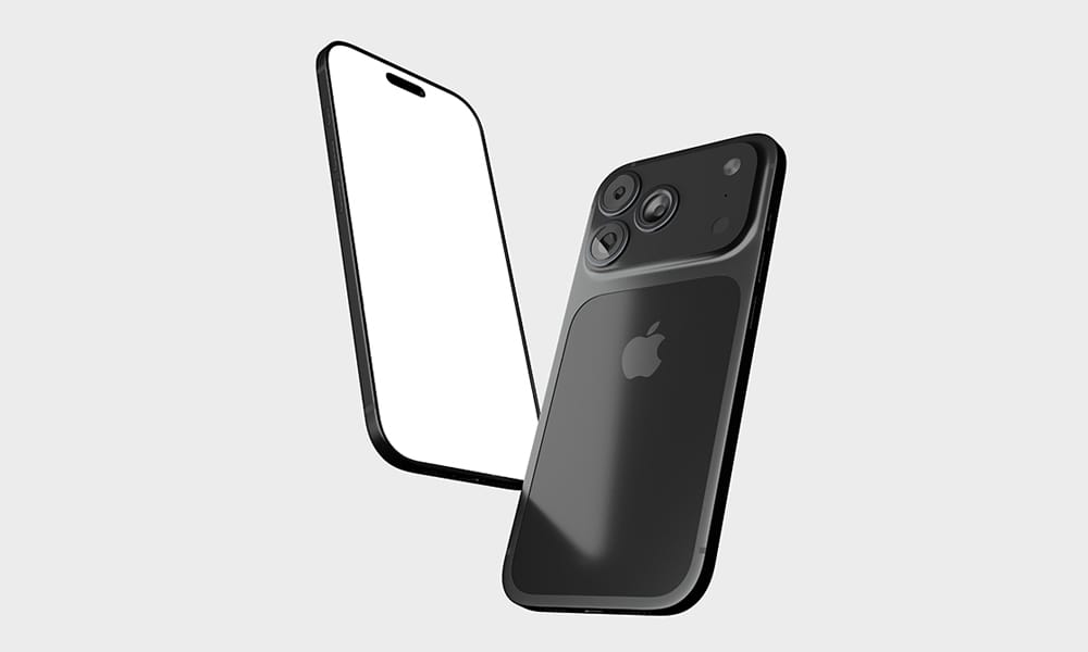 Angled iPhone 17 Pro Max mockup PSD showing device curvature and edge details.