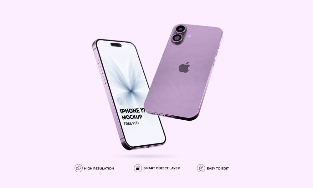 Classic iPhone 17 mockup PSD with accurate front-facing camera and sensor placement.