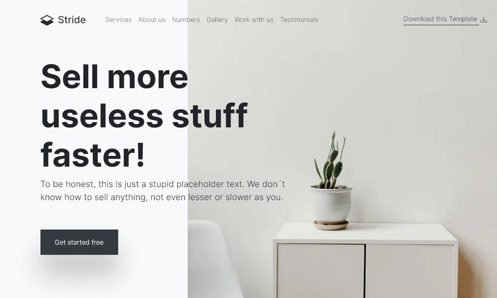 Screenshot of the Stride minimalist HTML landing page template for single products or events.