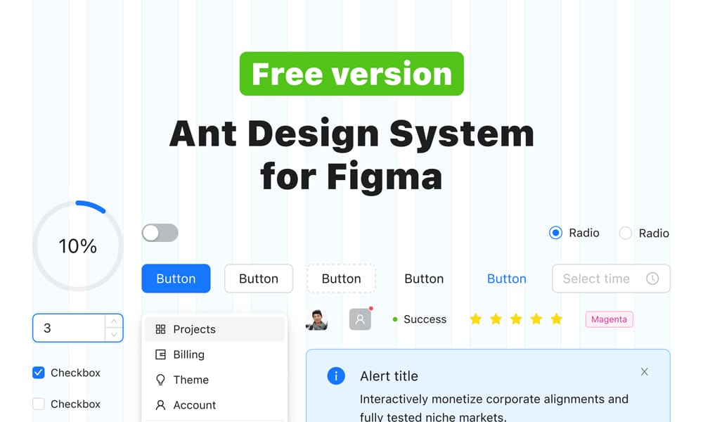 Ant Design System for Figma showing enterprise web application components and admin dashboard patterns