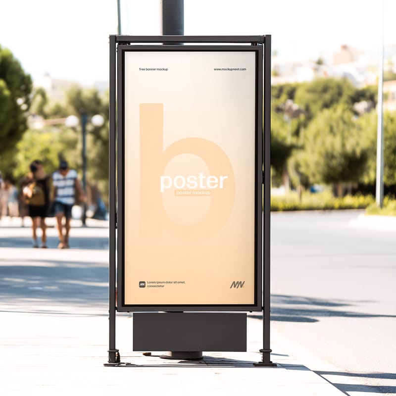 Citylight Board Mockup on Bright Roadside with Pedestrians PSD