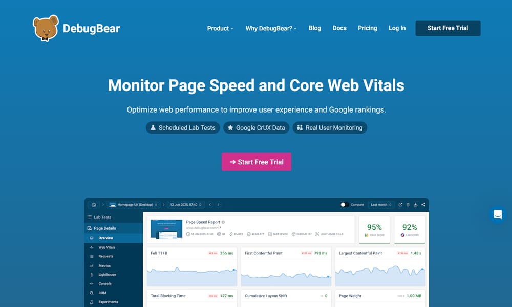 DebugBear — DebugBear performance monitoring showing Lighthouse audits and Core Web Vitals budget tracking
