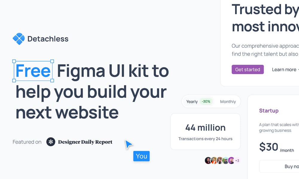 Detachless UI Kit for Figma showing website publishing components and responsive layouts