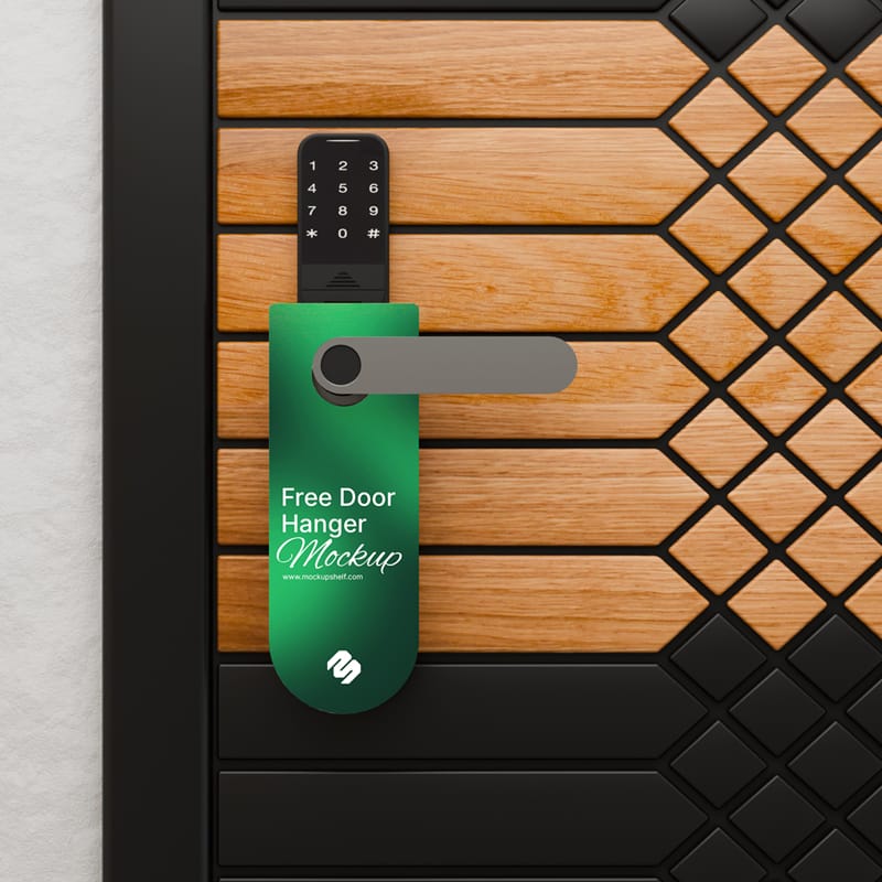 Door Hanger Mockup on Stylish Wooden Door PSD