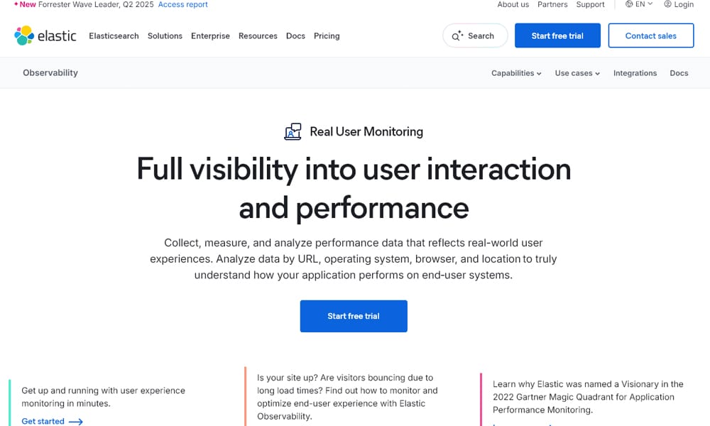 Elastic APM — Elastic APM dashboard showing Real User Monitoring integrated with Elasticsearch for full-stack observability
