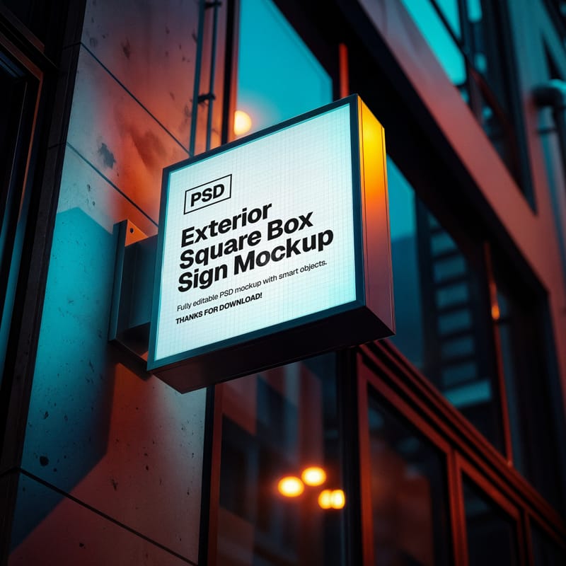 Exterior Square Box Sign Mockup PSD