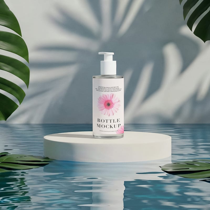 Floating Skincare Bottle Tropical Mockup PSD