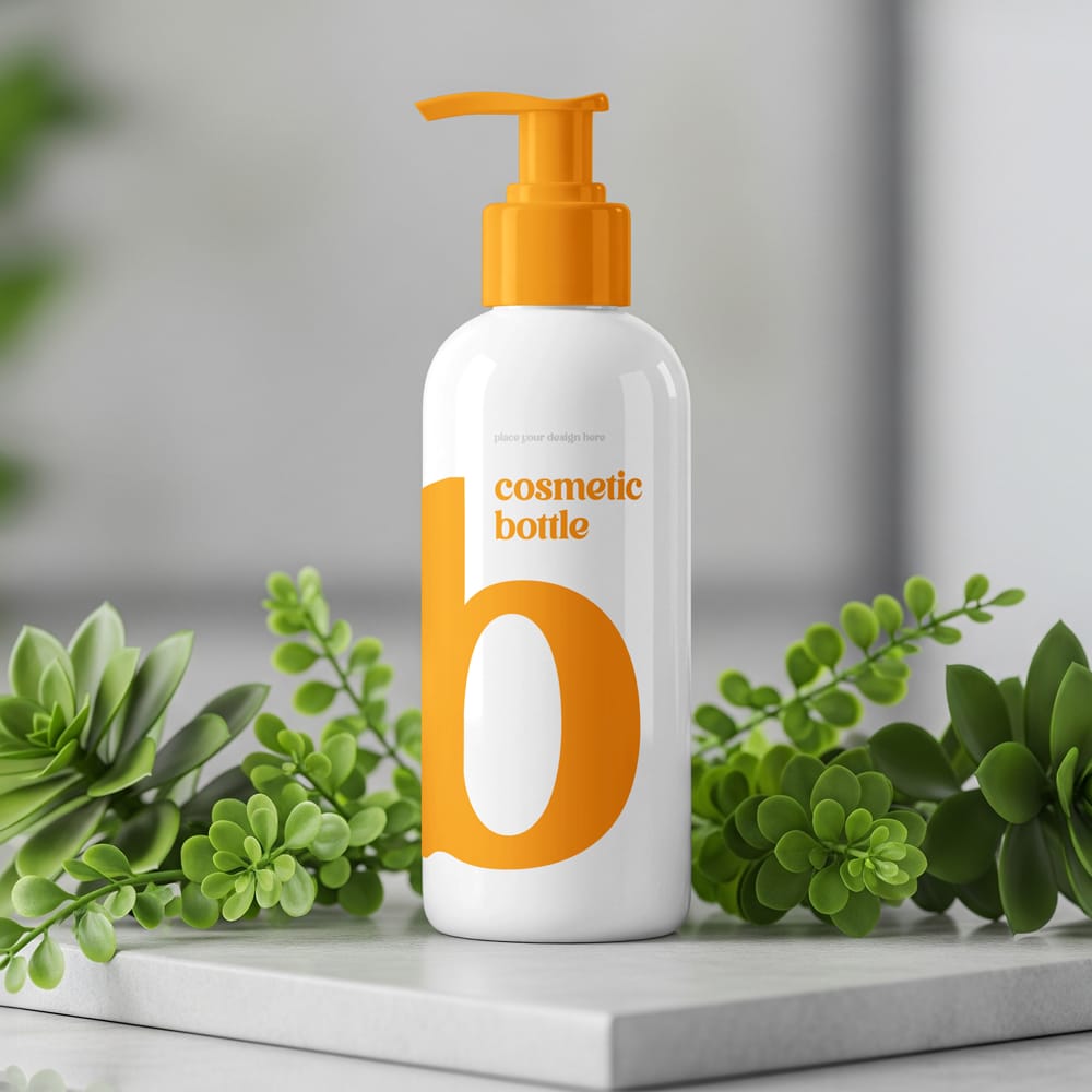 Free Dispenser Bottle with Plant Mockup PSD