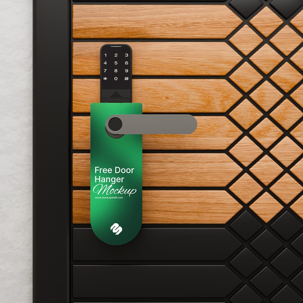 Free Door Hanger Mockup on Stylish Wooden Door PSD