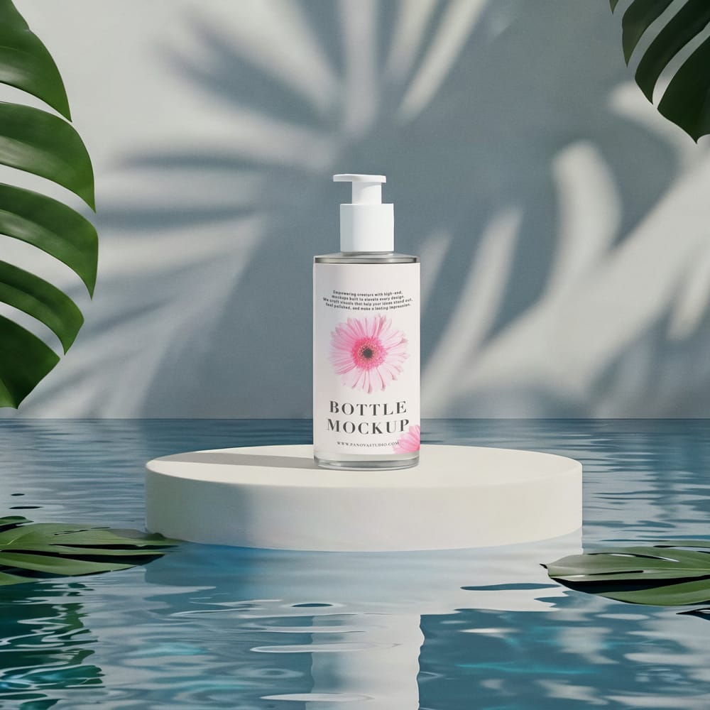 Free Floating Skincare Bottle Tropical Mockup PSD