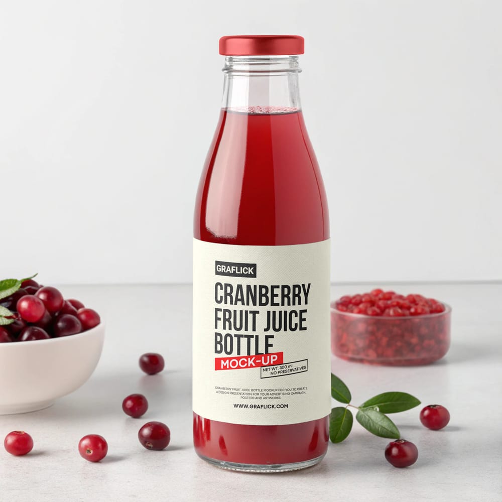 Free Glass Bottle with Cranberry Juice Mockup PSD