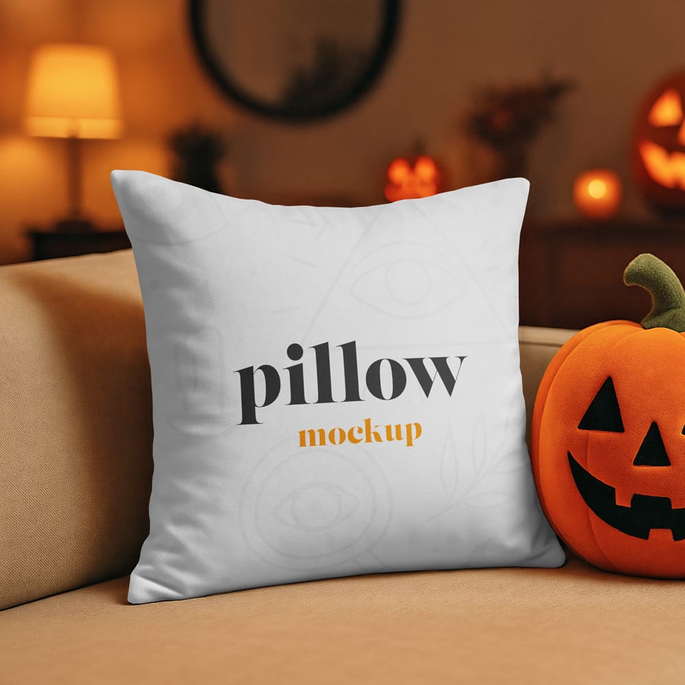 Free Halloween Pillow and Toy Pumpkin Mockup PSD