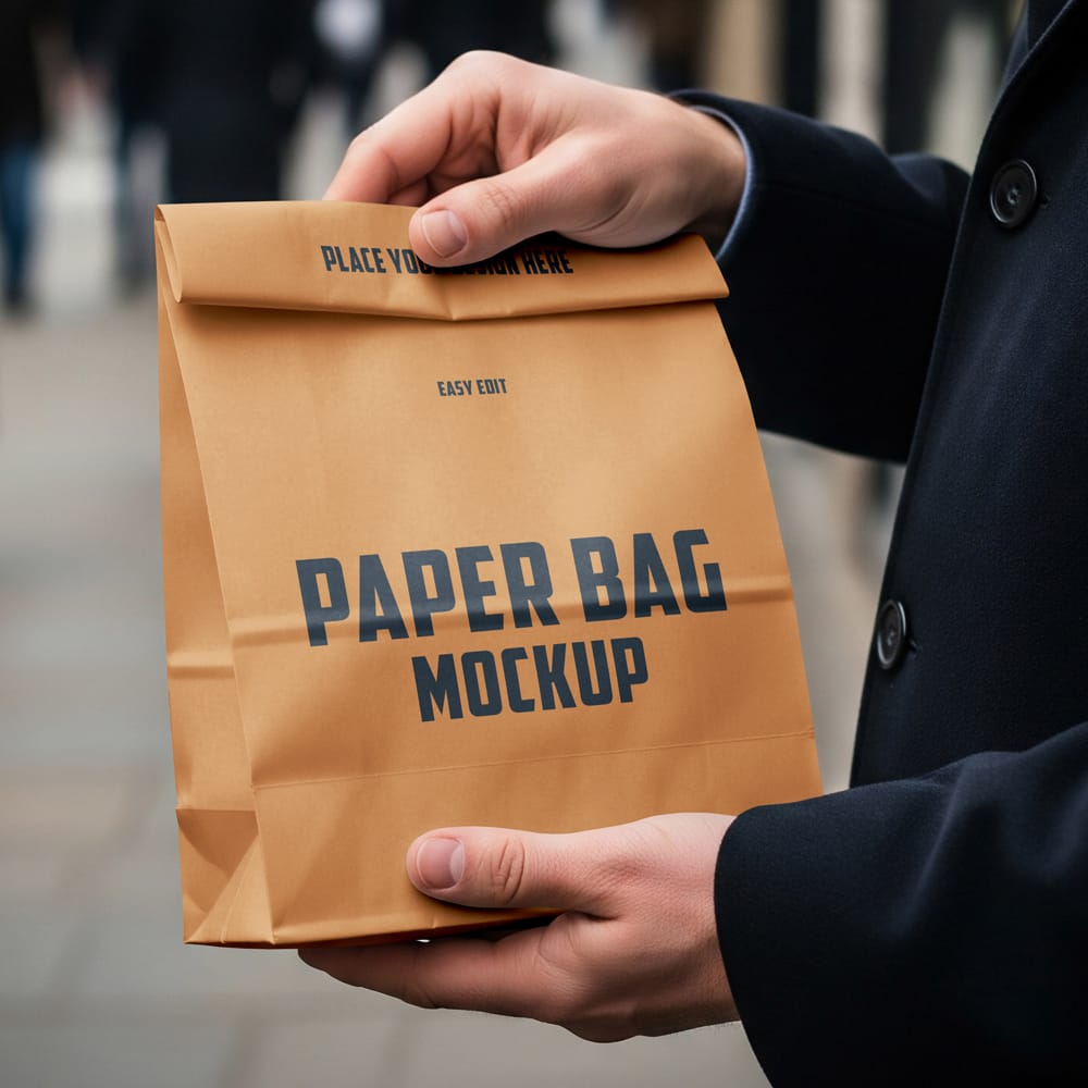 Free Handheld Kraft Paper Lunch Bag Mockup PSD