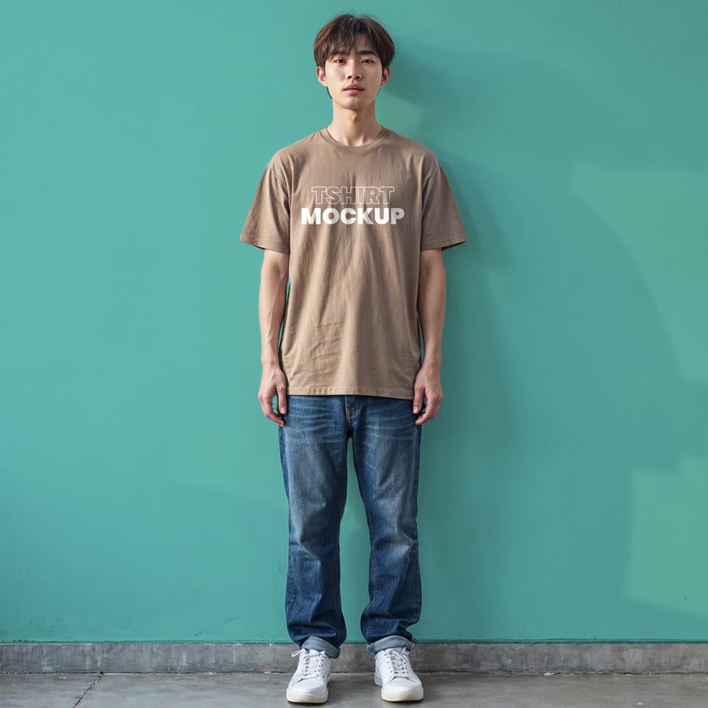 Free Korean Guy Wearing Brown T-Shirt Mockup PSD