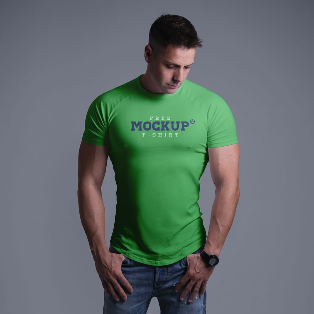 Free Male Model Skin Tight T-Shirt Mockup PSD