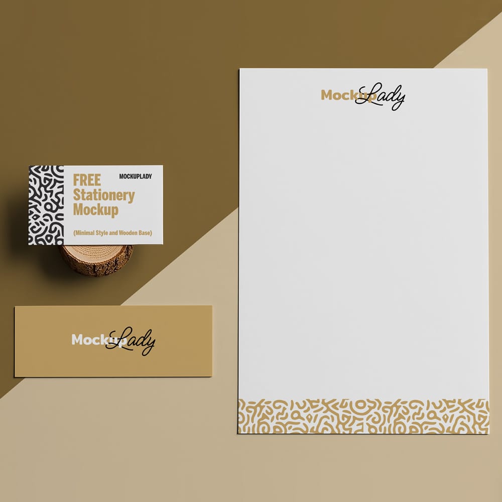 Free Minimal Style and Wooden Base Stationery Mockup PSD