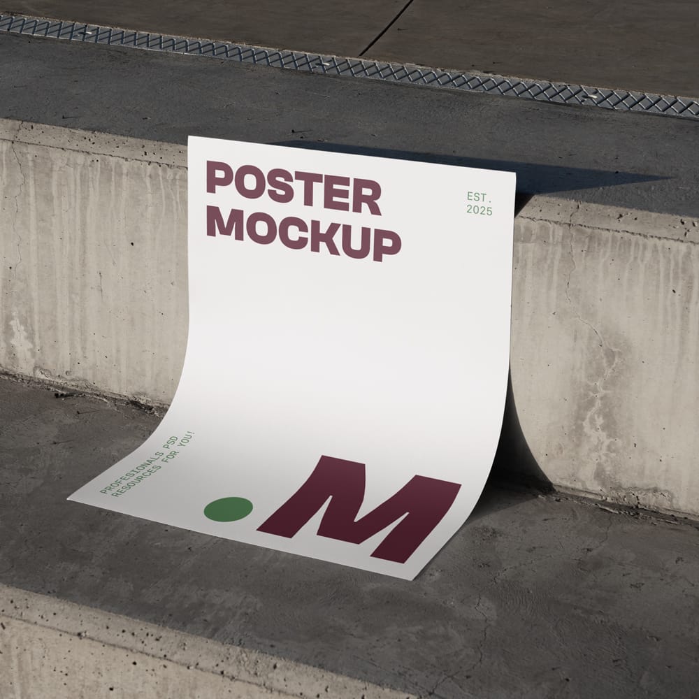Free Poster on a Concrete Stairs Mockup PSD