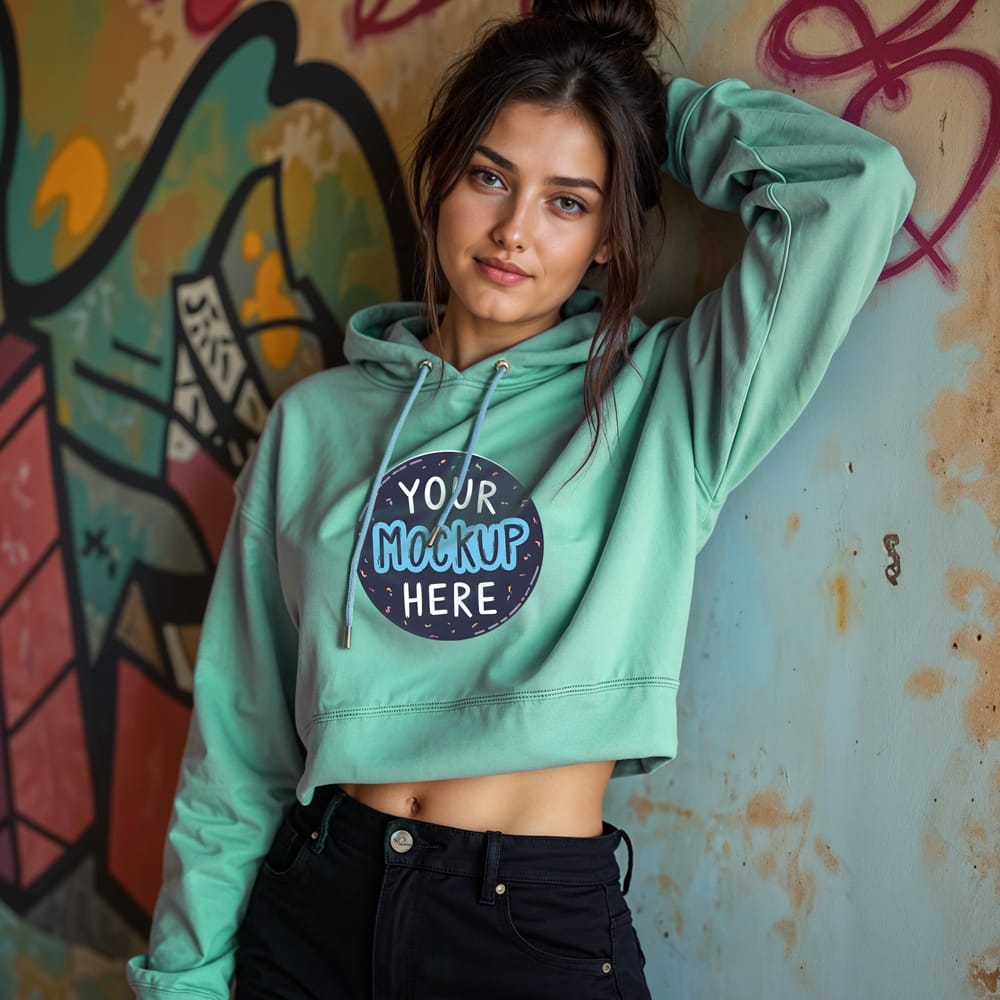 Free Stylish Short Hoodie Mockup with Graffiti Wall Backdrop PSD