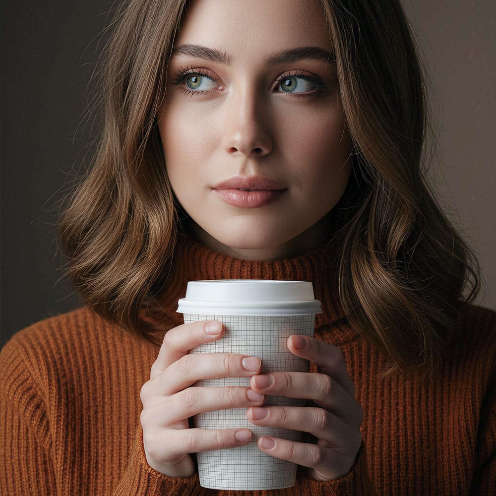 Free Woman Holding Paper Coffee Cup Mockup PSD