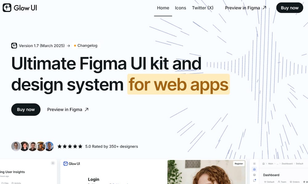 Glow UI design system for Figma featuring wireframe mode and SaaS dashboard templates
