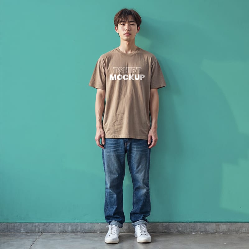 Korean Guy Wearing Brown T-Shirt Mockup PSD