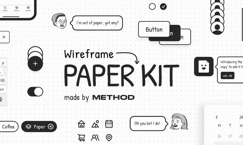 Paper Wireframe Kit for Figma with hand-drawn style lo-fi components for rapid prototyping
