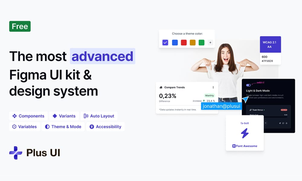 Plus UI Figma kit with Tailwind CSS integration showing responsive components and design tokens
