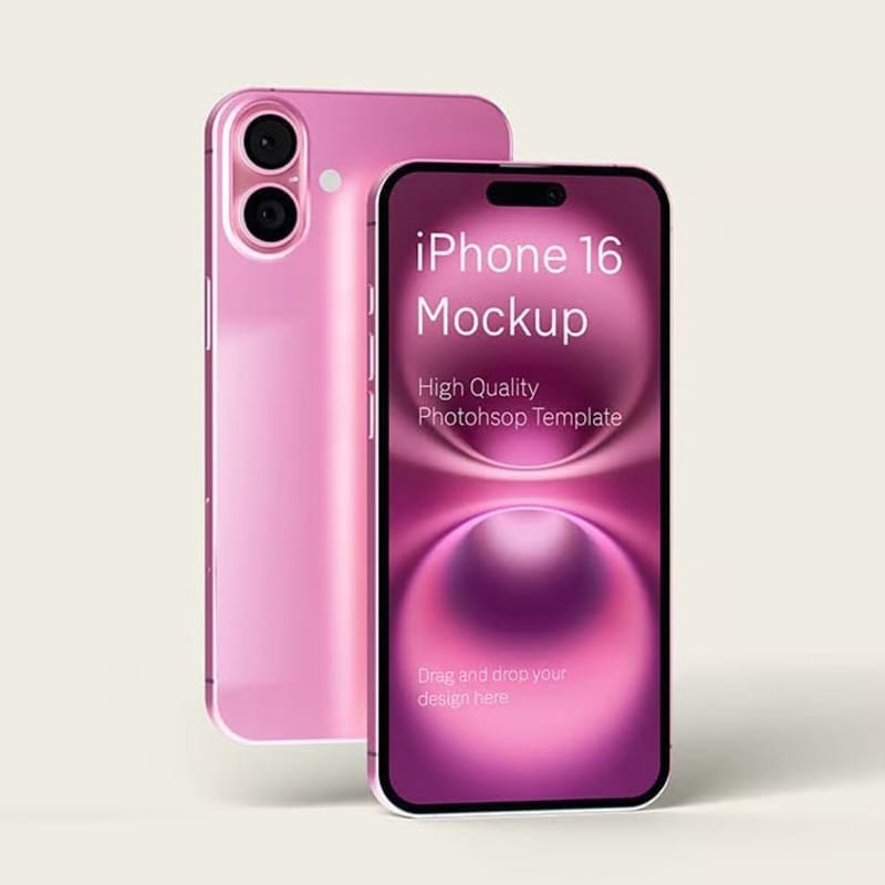 Realistic iPhone 16 Front and Back View Mockup PSD