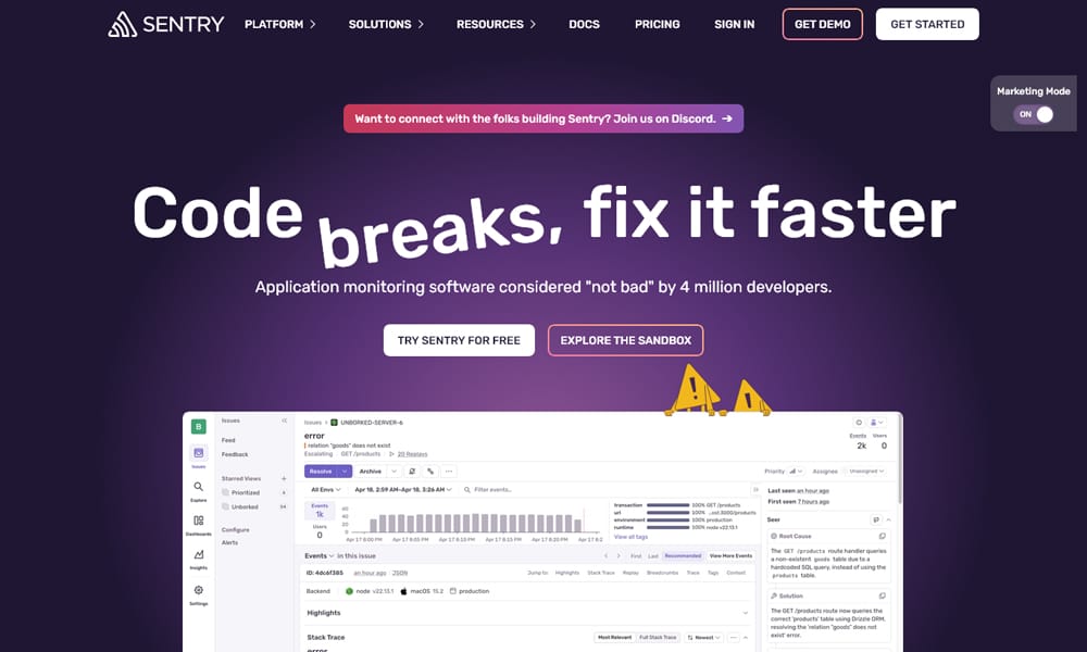 Sentry — Sentry frontend error monitoring dashboard with session replay and performance metrics