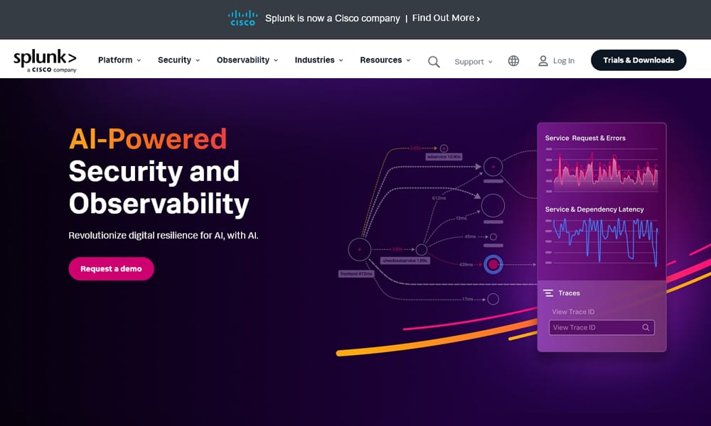 Splunk — Splunk Observability platform showing frontend performance monitoring and enterprise compliance alerts