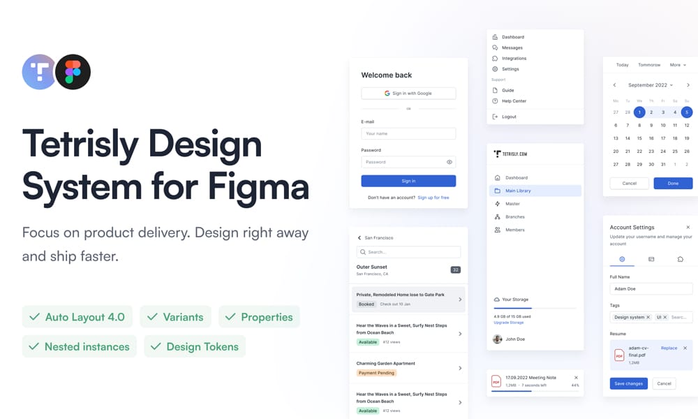 Tetrisly Design System for Figma with modular component architecture and flexible layouts
