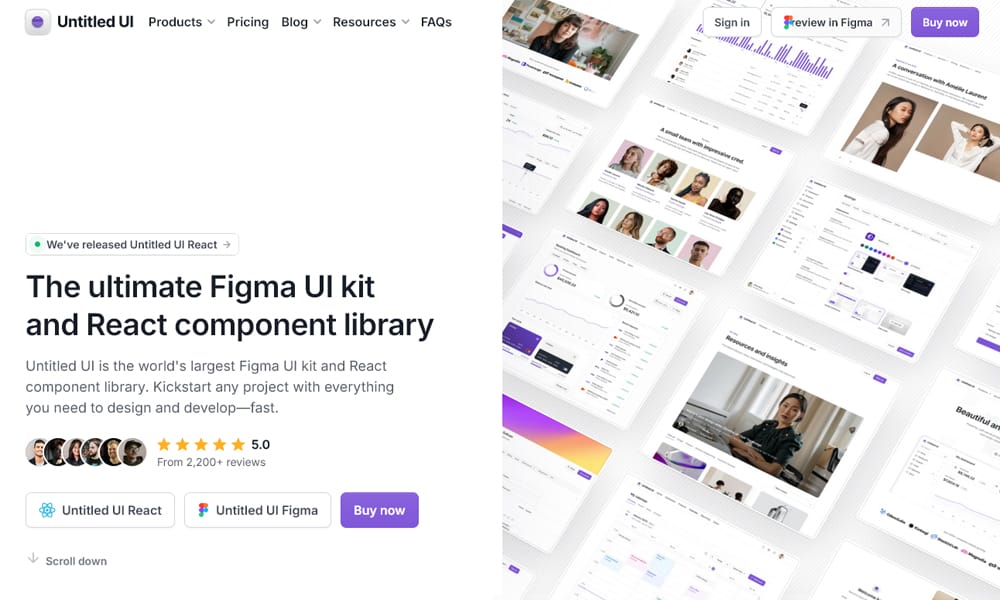 Untitled UI Figma design system showing dashboard components buttons and navigation elements with light and dark mode support