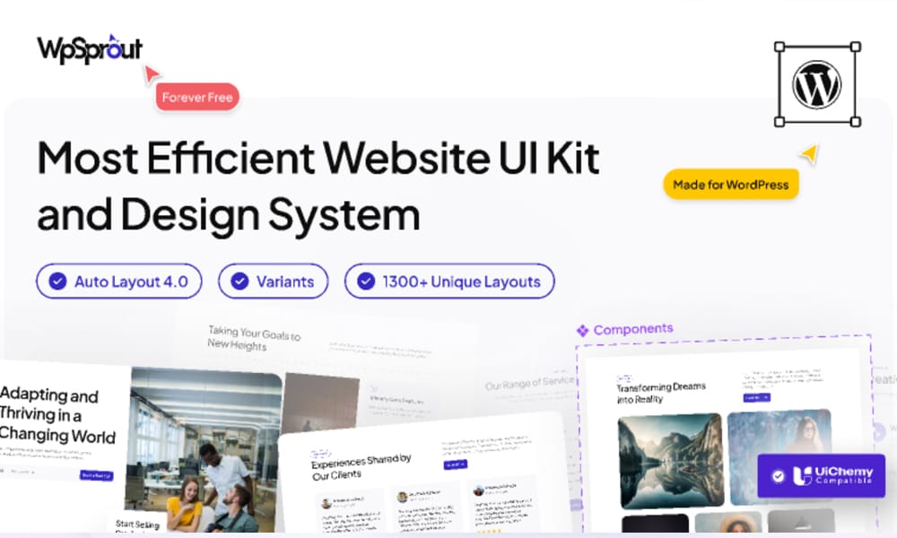 WpSprout UI Kit for Figma featuring WordPress-friendly web components and page templates