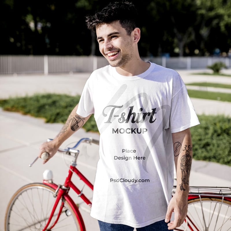 Young Man Wearing T-shirt Mockup Template PSD