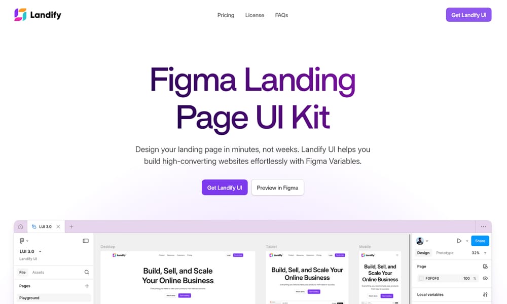 Landify Figma landing page UI kit with website blocks and responsive marketing components
