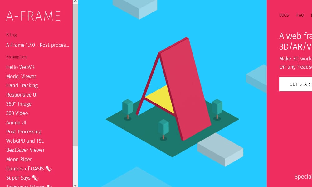 A-Frame HTML markup showing a-entity tags for building 3D scenes without JavaScript code