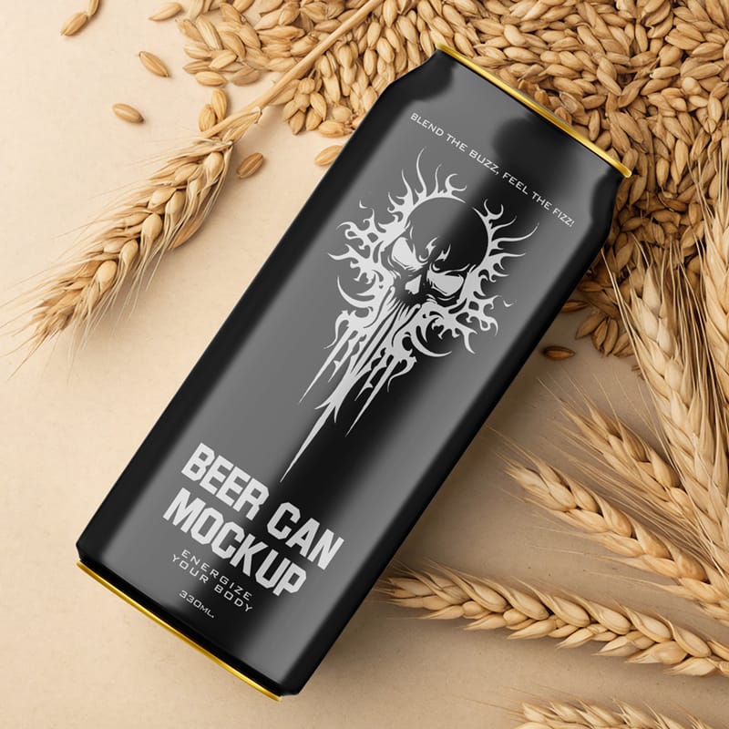Beer Can Mockup On Wheat Grains PSD